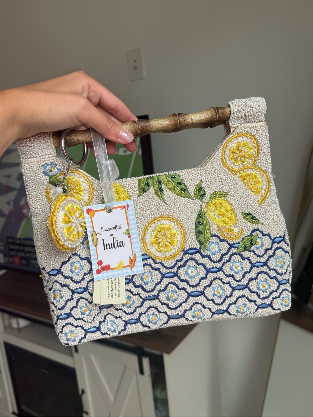 Handcrafted Lemon Beaded Bamboo-Handle Bag - White + Yellow